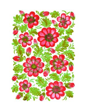 Çiçek desenli suluboya çizimi, elle çizilmiş petrykivka