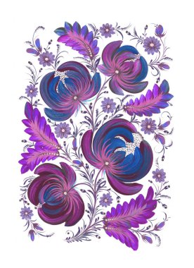 Çiçek desenli suluboya çizimi, elle çizilmiş petrykivka