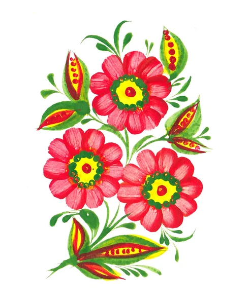 Akvarell Illustration Med Teckning Blommönster Handritad Petrykivka — Stockfoto