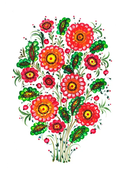 Ilustração Aquarela Com Desenho Padrão Floral Petrykivka Desenhado Mão — Fotografia de Stock