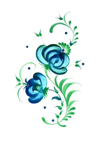 Akvarel Ilustrace Kresbou Květinového Vzoru Ručně Kreslené Petrykivka — Stock fotografie
