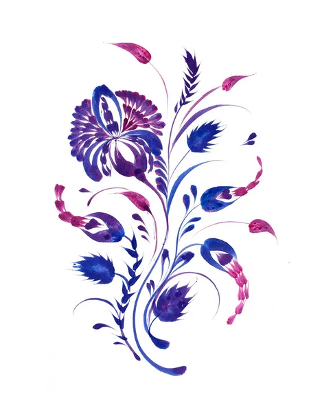 Ilustración Acuarela Con Dibujo Patrón Floral Petrykivka Dibujado Mano —  Fotos de Stock