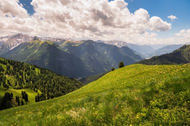 Alpine landscape walking from Passo San Pellegrino to Fuciade refuge, North Italy