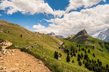 Alpine landscape walking from Passo San Pellegrino to Fuciade refuge, North Italy