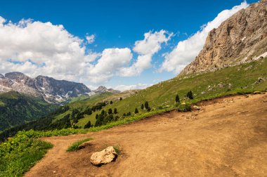 Alpine landscape walking from Passo San Pellegrino to Fuciade refuge, North Italy