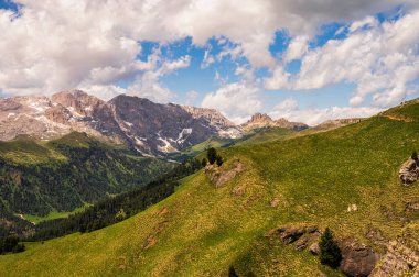 Alpine landscape walking from Passo San Pellegrino to Fuciade refuge, North Italy