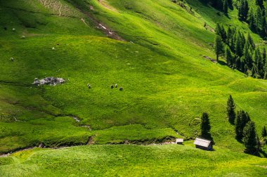 Wooden small cabin in Italian Dolomite Alps mountains