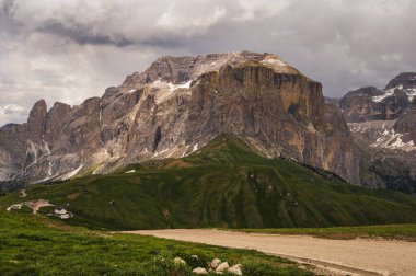 Alpine landscape walking from Passo San Pellegrino to Fuciade refuge, North Italy