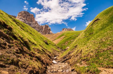 Alpine landscape walking from Passo San Pellegrino to Fuciade refuge, North Italy