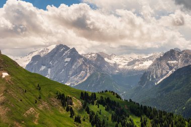 Alpine landscape walking from Passo San Pellegrino to Fuciade refuge, North Italy