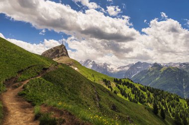 Alpine landscape walking from Passo San Pellegrino to Fuciade refuge, North Italy