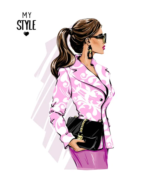 サングラスの美しいファッションの女性 スタイリッシュな女の子保持バッグ ベクターイラスト — ストックベクタ