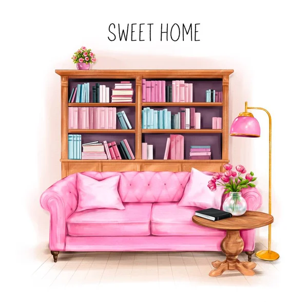 Beautiful interior design with pink sofa, book-case, lamp, wooden table and flowers. Stylish digital interior illustration