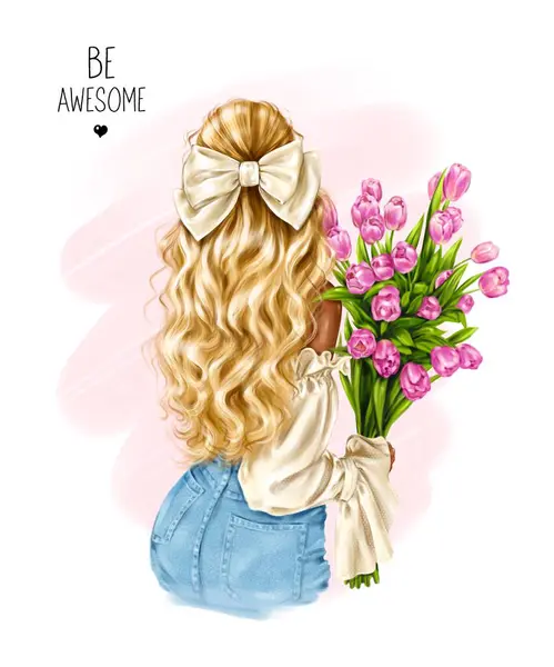 金发姑娘牵着花 带郁金香的时尚女人 时尚插图 — 图库照片#