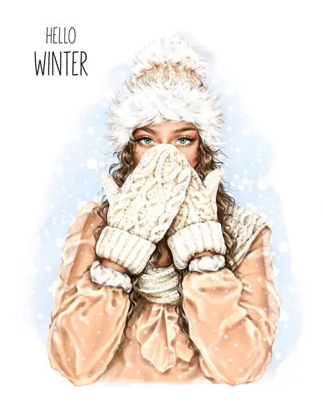 戴着针织帽子的年轻漂亮的女人 时尚的冬季外观 穿着冬季手套的漂亮姑娘 圣诞节的概念时尚插图 — 图库照片#