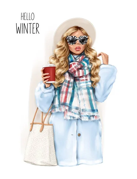冬季时尚的样子 戴帽子拿着纸杯咖啡的漂亮时髦女人 时尚插图 — 图库照片#