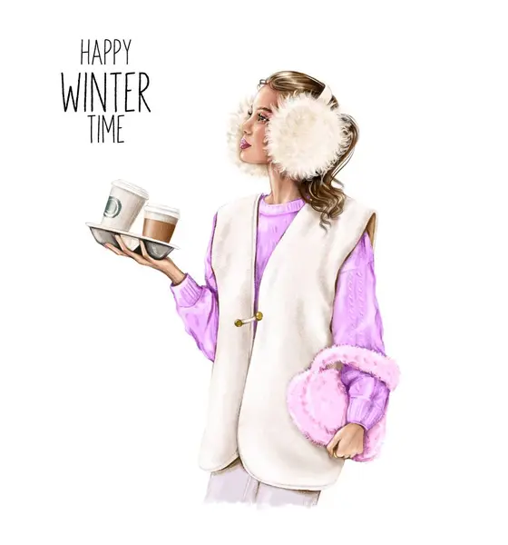 穿着冬衣的漂亮女人拿着纸杯咖啡 时尚冬季插图 — 图库照片#