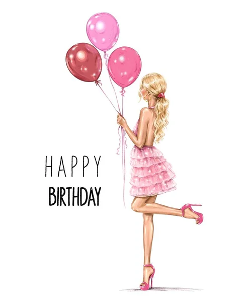 生日贺卡 漂亮的金发姑娘拿着气球 穿着粉色衣服的女人时髦的女人 时尚插图 — 图库照片#