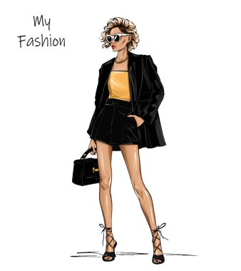 Güneş gözlüklü güzel, moda sarısı saçlı kadın. Çantayı tutan kadın. Moda kıyafeti. Vektör illüstrasyonu