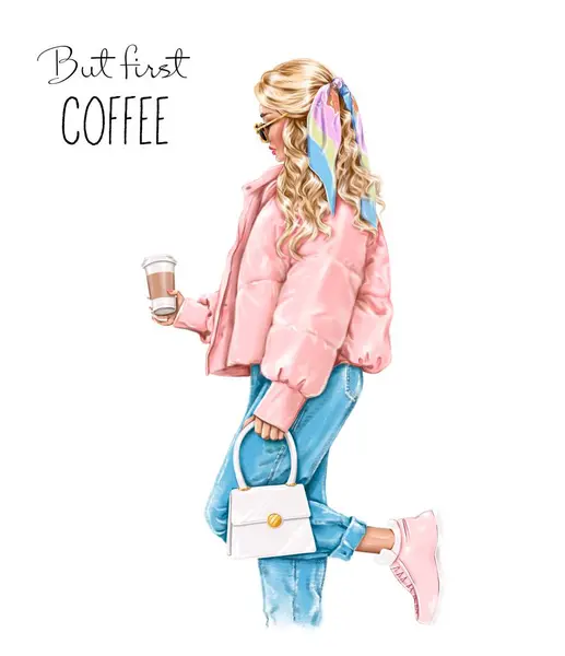 漂亮的金发女人带着纸杯咖啡咖啡作为例证 戴着太阳镜的时髦女孩 时尚插图 — 图库照片#