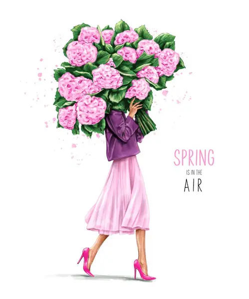 拿着大花束的女人一个带着花的时髦女孩 时尚女人拿着绣花花 春天的概念 时尚插图 — 图库照片#