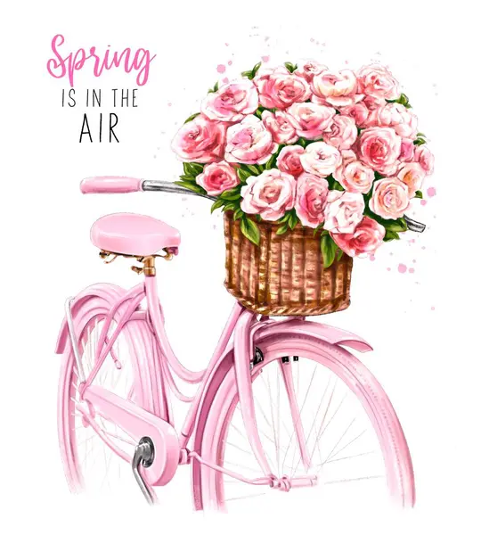 美丽的春天插图与粉色自行车和花篮 漂亮的玫瑰篮子 春季概念说明 — 图库照片#