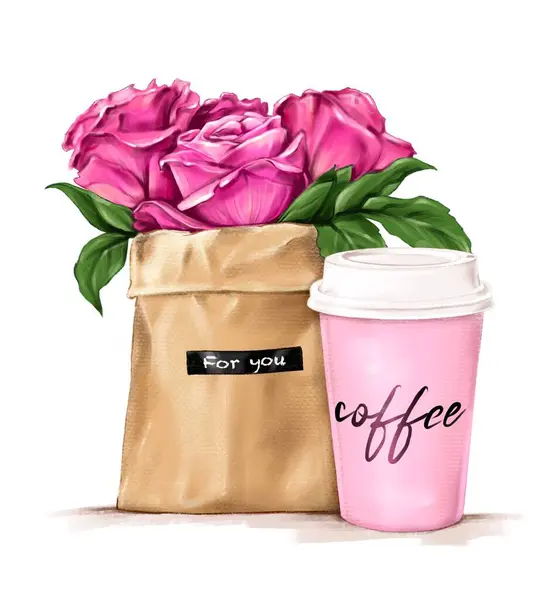 美丽的玫瑰和纸杯咖啡 早上咖啡的概念 粉红花和咖啡 — 图库照片#