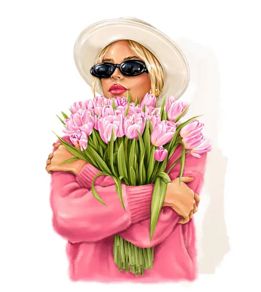 漂亮的金发女人头戴帽子 手里拿着粉色郁金香 戴着太阳镜拿着花的漂亮姑娘 时尚插图 — 图库照片#