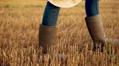 Lastik çizmeli kadın çiftçi hasat edilmiş tarlada ağır çekimde yürüyor. Tarım işçisi iş bitiminden sonra eve gider.
