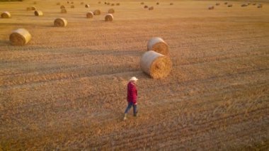 Ekin tarlasında hava manzaralı işçi. Lastik çizmeli çiftçi tarımcı saman balyaları arasında yürüyor. Tarım işçisi iş bitiminden sonra eve gider.