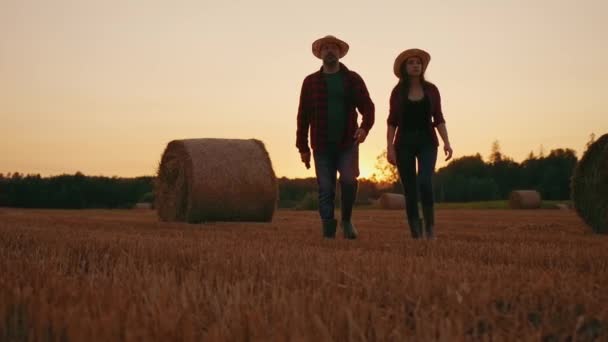 在农村 男人和女人一起散步 享受日落 男人和女人穿着格子呢衬衫 戴着草帽 牛仔的样子 农业工人在日落时穿着橡胶靴走路 — 图库视频影像