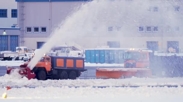 Camiones Quitanieves Limpiando Nieve Terminal Pista Del Aeropuerto Internacional Mal — Vídeo de stock