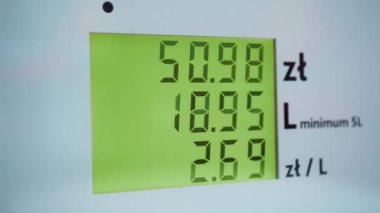 Arabaya yakıt ikmali yaptıktan sonra zloti ile ödenecek miktar. Polonya 'da benzin fiyatları arttı. Yakıt fiyatları Ukrayna 'daki savaş ve enflasyon nedeniyle yükseliyor. Benzin istasyonunda benzin dolduruyorum.