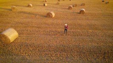 Kadın çiftçi kırsal bölgedeki altın tarlalardan buğday ekmekle meşgul. Tarım işçisi iş bitiminden sonra eve gider.