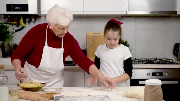 Pieczenie Babcia Uczennica Kuchni Gotowania Ciast Bułek Domu Nauczanie Dzieciak — Wideo stockowe