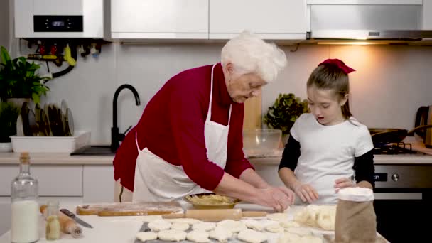Babcia Wnuczka Kuchni Cute Little Girl Nauczyć Się Robić Domowe — Wideo stockowe