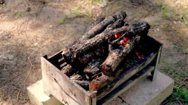 Izgarada odun yakmak. Güvenli dekoratif şömine ve barbekü hazırlığı. Tatiller ve aktif dinlenme kavramı