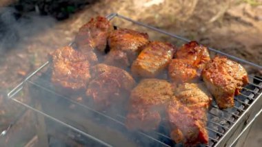 Metal barbekü ızgarasında ızgara ızgara biftek, dışarıda piknik partisi için baharatlı et kızartma. Sıcak, sulu ızgara et parçaları.