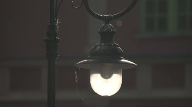 Antika Sokak Lambası, Alacakaranlık 'taki Antika Kent Mahallesini Aydınlatarak Yumuşak Gece Gölgeleri' nin Ortasında Sıcak Parıltı Oluşturdu. Sokak lambası kaldırım taşı yolu üzerinde sıcak ışık saçıyor. Mahallenin cazibesini arttırıyor.