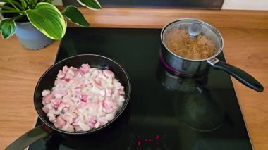 Cozy Kitchen 'da modern fırında lapa pişirirken tavuk eti kızartmak. Modern mutfakta indüksiyon sobası paneli