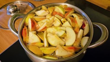 Ev yapımı meyve suyu modern elektrikli ocakta taze elma dilimleriyle haşlanıyor. Doğal vitaminler bakımından zengin ev yapımı sağlıklı içecekler. Meyve koruma, yemek pişirme konservesi