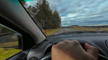 İskoçya 'nın manzaralı yollarında yol alırken direksiyonda el ele tutuşmak. İskoçya 'nın kırsal kesimindeki huzurlu otoyolda sürükleyici direksiyon. Etrafı kırsal bölgelerle çevrili açık yolda arabaları kontrol ediyorlar. Orman ve tepelerin olduğu sakin asfalt yolda ilerliyoruz.