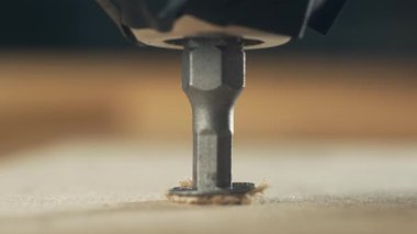 Yakından çekilen tornavida vidaları sökmüş. Tahta yüzeyden kendi kendine dokunan vida. Donanım aletleri tamir sırasında keskin vidaları yavaşça çıkarıyor. Metal parçası inşaat sürecinde çalışıyor