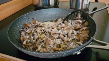 Mutfakta Mantar Pişirme ve Karıştırma Lezzetli Mantar Tabağı. Silikon spatulayla yemek pişirme şampiyonlarını karıştırıyorum. Lezzetli ve sağlıklı bitkiler yapıyorlar.