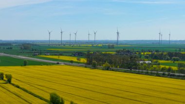 Ufukta rüzgar türbinleriyle yol kenarına uzanan kanola tarlaları. Sarı kolza tohumu açık gökyüzünün altında otoyolun kenarında parlıyor. Çiçekli yağ tohumu ekinleri kırsal alana doğru genişliyor ve arkasında dönen bıçaklar var. Trafiğin yanında uzanan altın tarlalar