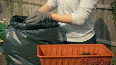 Boş saksının yanında torbadan toprak toplayan bir kadın. Yaprakların arasında verimli bir karışım ile yetiştirilmiş ekicileri hazırlamak, bitki örtüsüyle çevrili uzun bir bahçe konteynırı yetiştirmek. Bahçedeki plastik kutunun yanında gübre toplayan bir kadın.