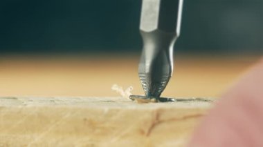 Kapalı çekim siyah kendini becerme vidaları tahtadan insan tarafından sökülüyor. Macro view hırdavat bağlayıcısı ahşaptan tamirciyle çıkıyor. Onarım işlemi sırasında inşaatçının kullandığı koyu renk vida