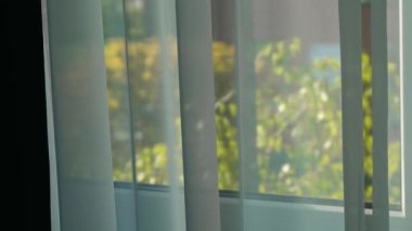 Perdenin arkasından bahçe ve komşu ev manzarası. Yeşillik ve uzak bina yumuşak kumaşların ve pencerelerin ötesinde görünüyor. Otel odasındaki şeffaf perdenin arkasında bitkiler ve yerleşim duvarları beliriyor.