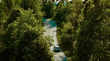 Orman kıvrımından geçerken. Açık yeşil SUV, güneşli bir günde dolambaçlı kırsal yolda ilerliyor. Yoğun yaz ağaçları arasında gezinen bir araç.