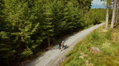 Güneşli bir havada orman yolunda oğluyla yürüyen bir kadın. Bir adam açık gökyüzünün altındaki çakıllı orman yolunda yaşlı bir kadının yanında geziniyor. Dişi ve erkek, yoğun yeşil ağaçlarla çevrili huzurlu patikada birlikte hareket ediyorlar.